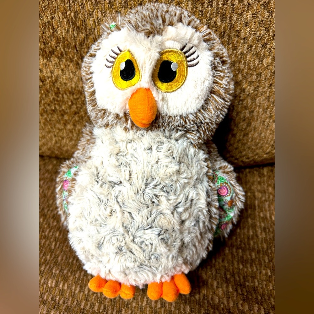 Gray and Orange Plush Owl Toy with Floral Detail